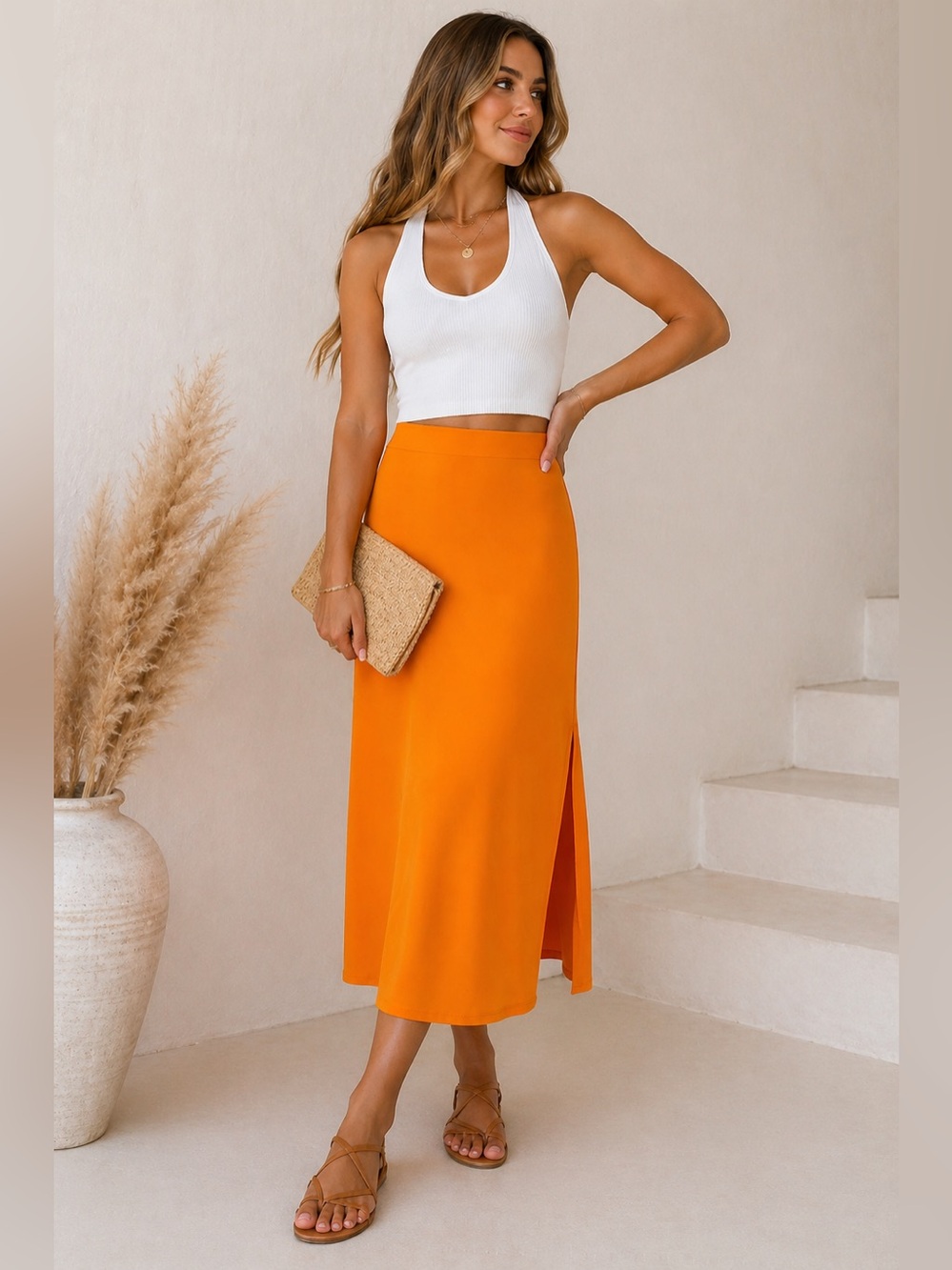 A New Day Orange Satin Midi Skirt Side Slit Summer NWT M